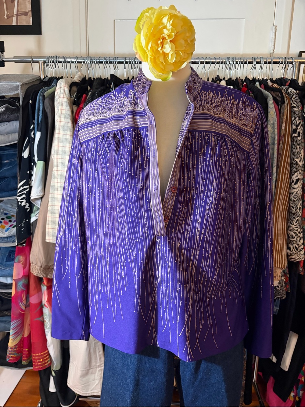 Vintage 70s Lady Carol of New York Purple Raindrop Blouse Top M/L